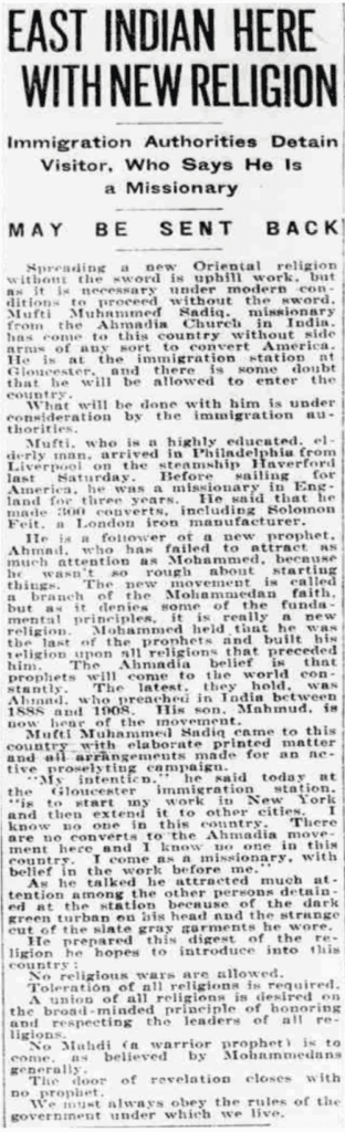 100 Years Ago… – Hazrat Mufti Sahib in American newspapers